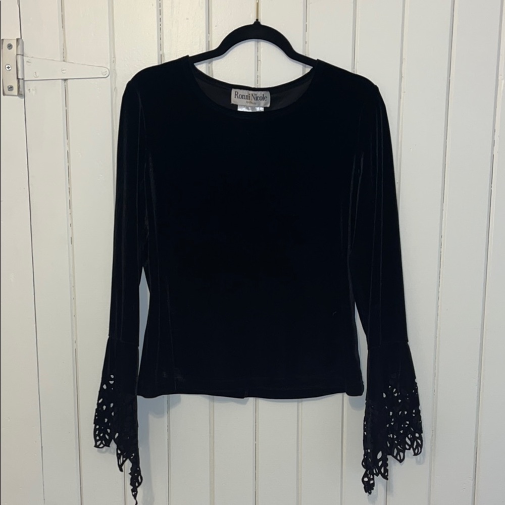 Nicole Black Velvet Blouse with Lacey Cuffs
